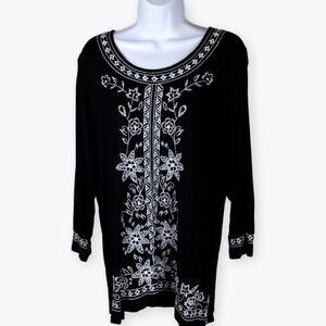 Peter Nygard Black Knit Embroidered Womens Tunic Top L